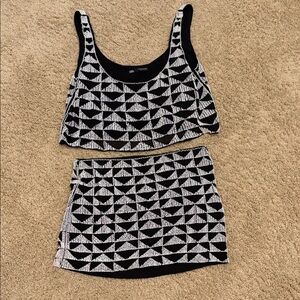 Zara Black & White Geometric Knit Mini Skirt Set
